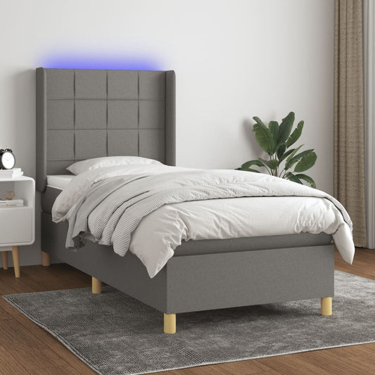 Boxspring met matras en LED stof donkergrijs 90x200 cm Bedden & bedframes | Creëer jouw Trendy Thuis | Gratis bezorgd & Retour | Trendy.nl