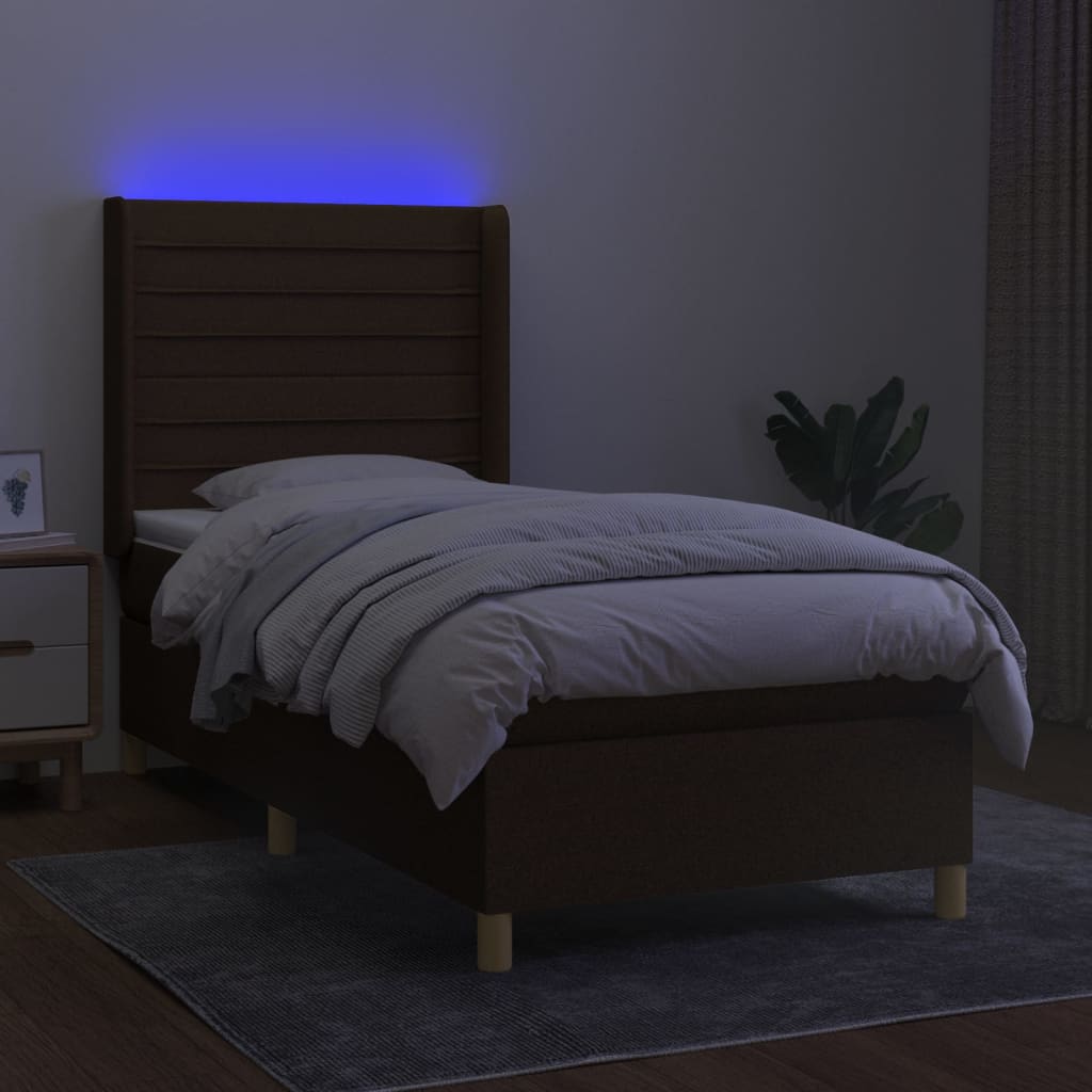 Boxspring met matras en LED stof donkerbruin 90x190 cm Bedden & bedframes | Creëer jouw Trendy Thuis | Gratis bezorgd & Retour | Trendy.nl