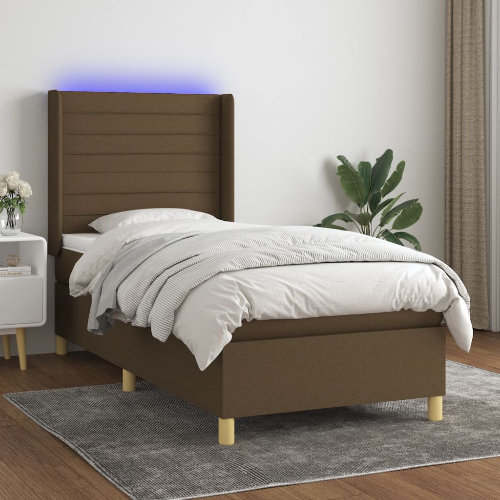 Boxspring met matras en LED stof donkerbruin 90x190 cm Bedden & bedframes | Creëer jouw Trendy Thuis | Gratis bezorgd & Retour | Trendy.nl