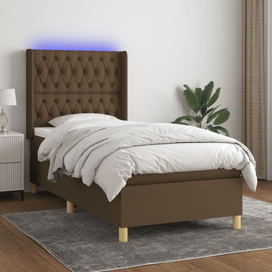 Boxspring met matras en LED stof donkerbruin 90x190 cm Bedden & bedframes | Creëer jouw Trendy Thuis | Gratis bezorgd & Retour | Trendy.nl