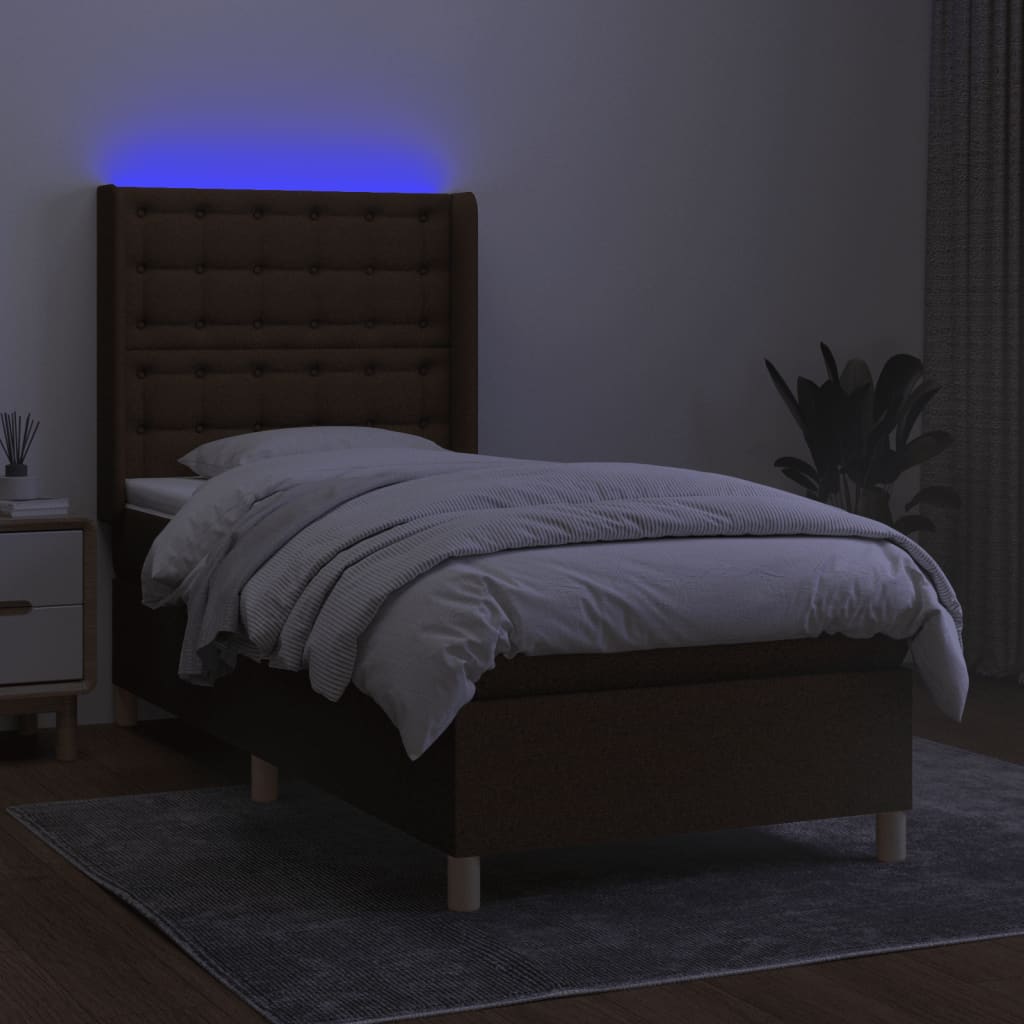 Boxspring met matras en LED stof donkerbruin 90x190 cm Bedden & bedframes | Creëer jouw Trendy Thuis | Gratis bezorgd & Retour | Trendy.nl