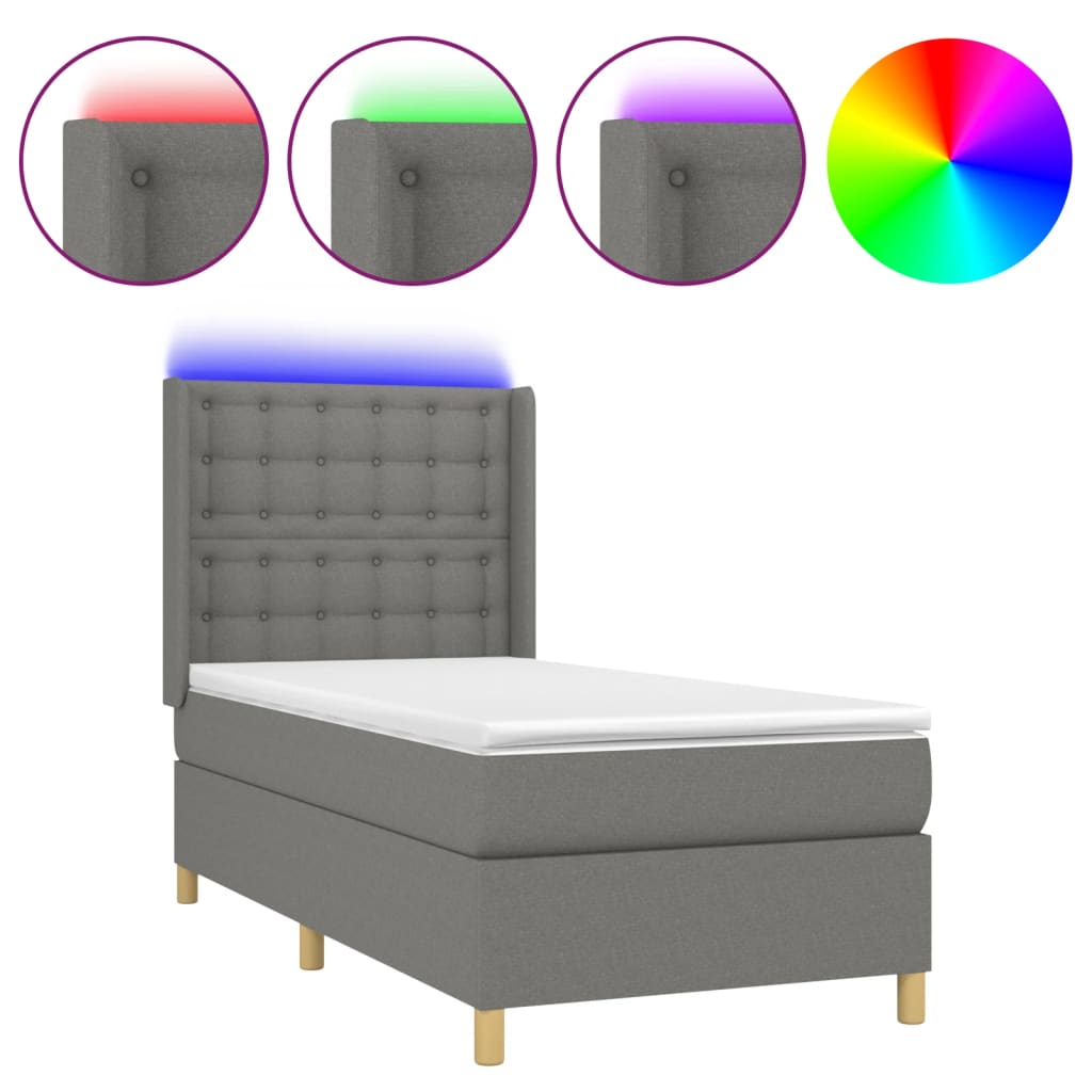 Boxspring met matras en LED stof donkergrijs 90x200 cm Bedden & bedframes | Creëer jouw Trendy Thuis | Gratis bezorgd & Retour | Trendy.nl