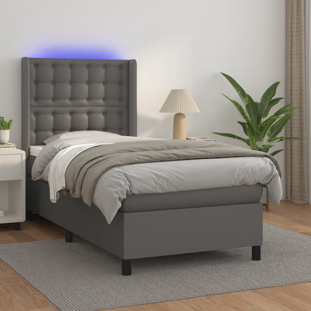 Boxspring met matras en LED kunstleer grijs 90x190 cm Bedden & bedframes | Creëer jouw Trendy Thuis | Gratis bezorgd & Retour | Trendy.nl