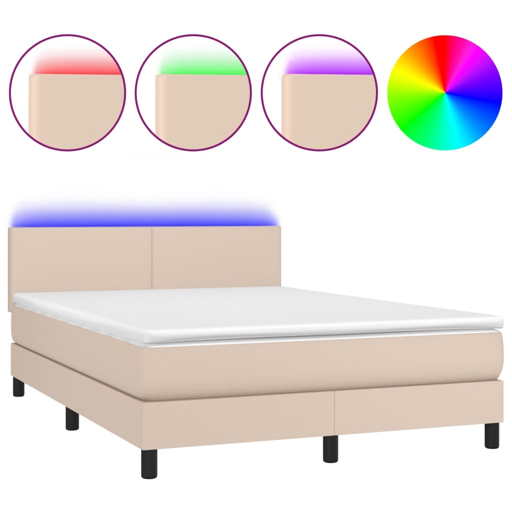 Boxspring met matras en LED kunstleer cappuccinokleur 140x200cm