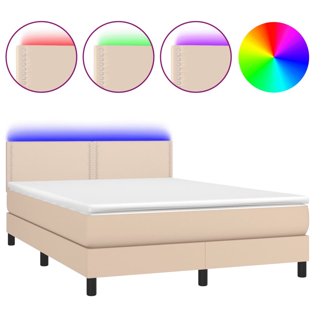 Boxspring met matras en LED kunstleer cappuccinokleur 140x200cm