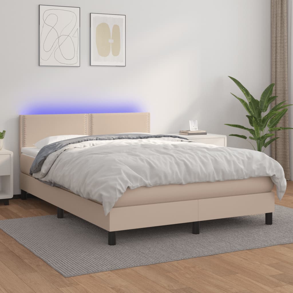 Boxspring met matras en LED kunstleer cappuccinokleur 140x200cm