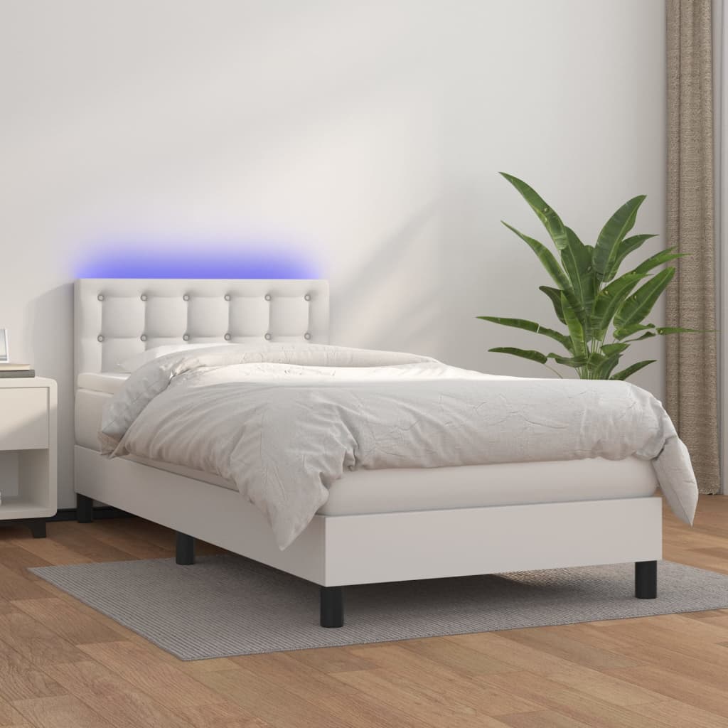 Boxspring met matras en LED kunstleer wit 90x190 cm Bedden & bedframes | Creëer jouw Trendy Thuis | Gratis bezorgd & Retour | Trendy.nl