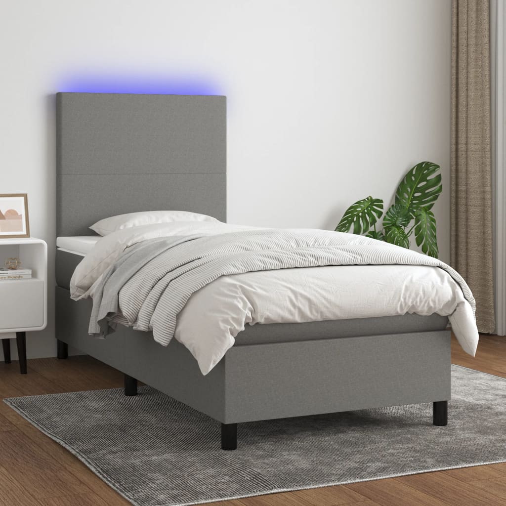 Boxspring met matras en LED stof donkergrijs 90x190 cm Bedden & bedframes | Creëer jouw Trendy Thuis | Gratis bezorgd & Retour | Trendy.nl