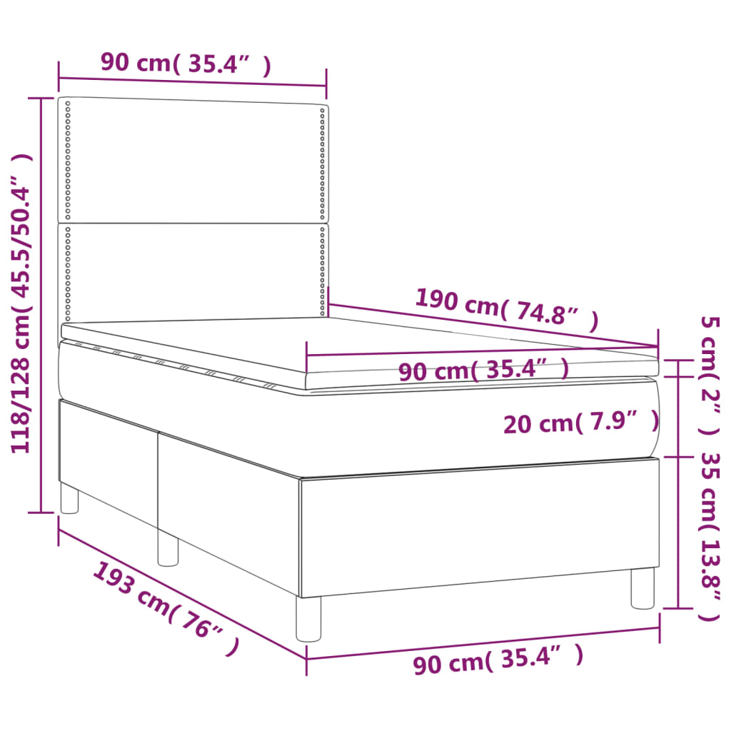 Boxspring met matras en LED stof donkerbruin 90x190 cm