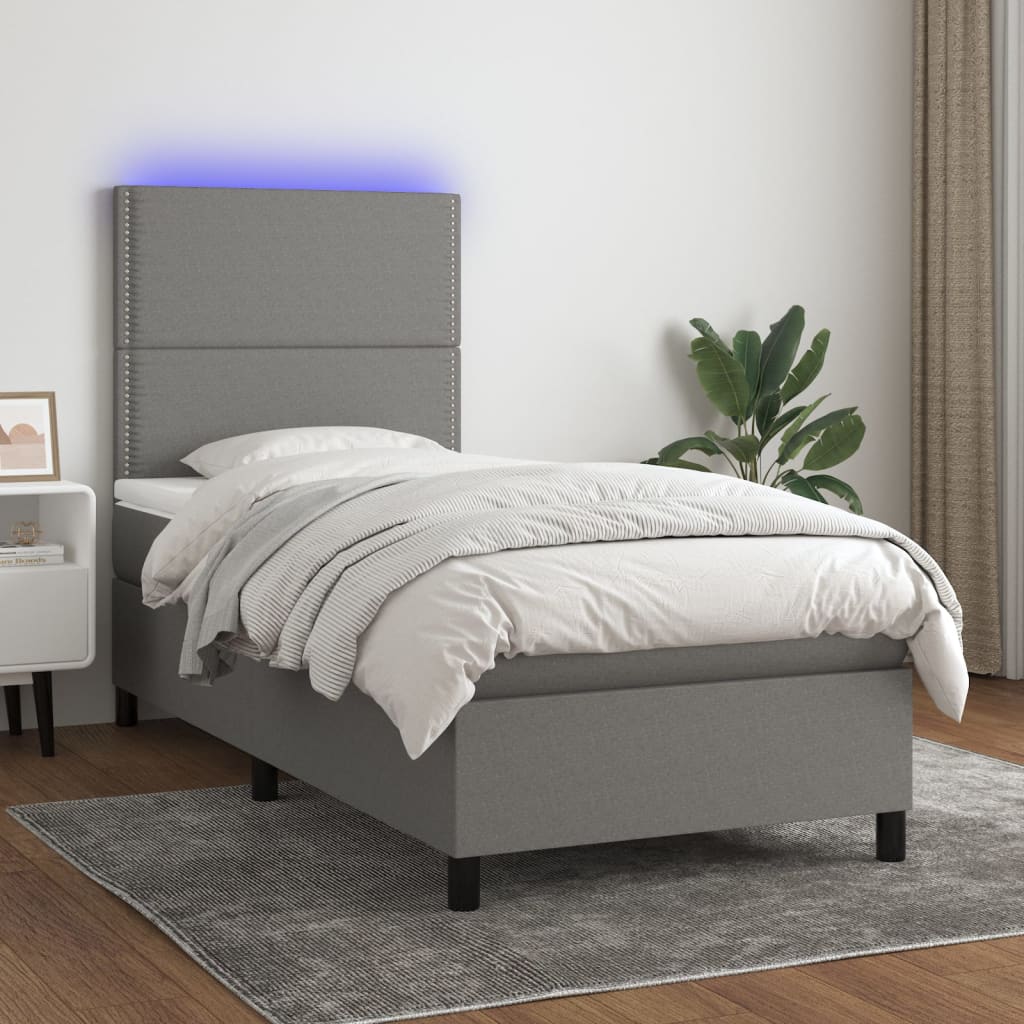 Boxspring met matras en LED stof donkergrijs 90x200 cm Bedden & bedframes | Creëer jouw Trendy Thuis | Gratis bezorgd & Retour | Trendy.nl