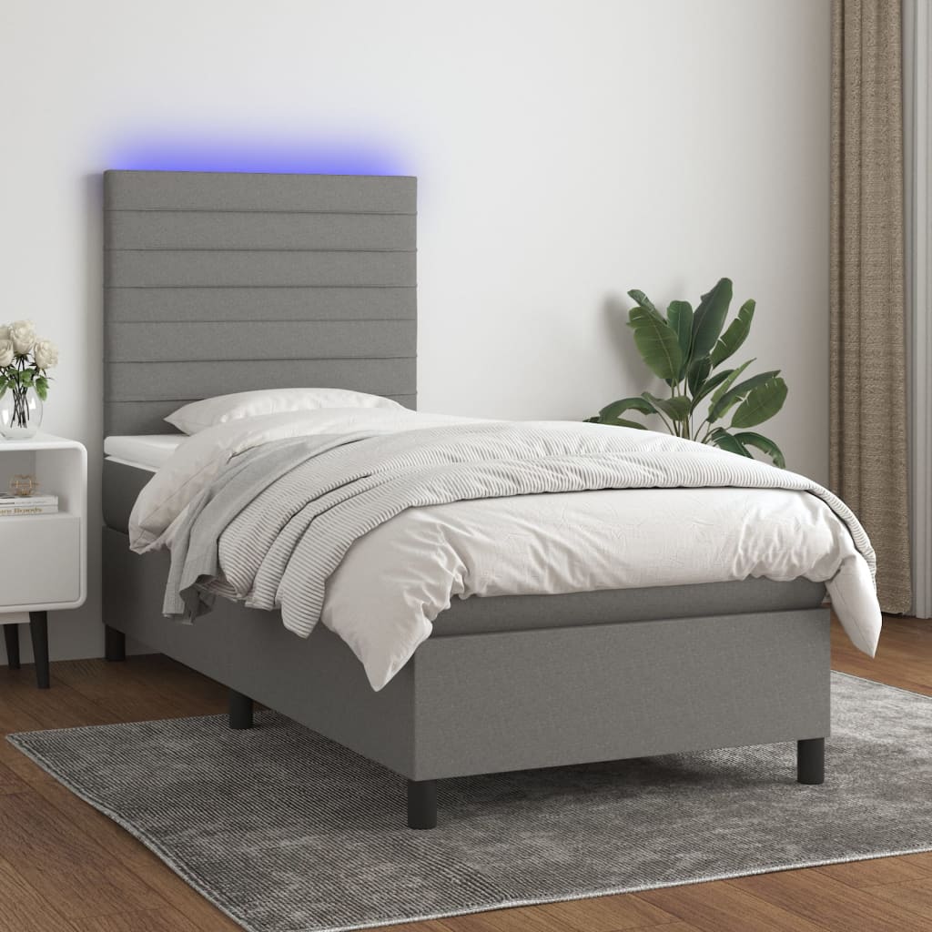 Boxspring met matras en LED stof donkergrijs 90x190 cm Bedden & bedframes | Creëer jouw Trendy Thuis | Gratis bezorgd & Retour | Trendy.nl