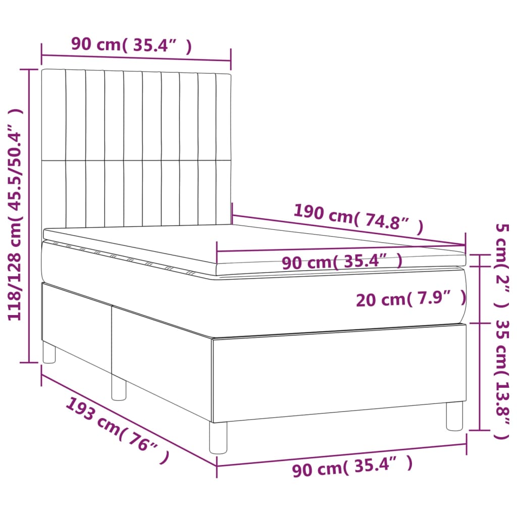 Boxspring met matras en LED stof donkerbruin 90x190 cm