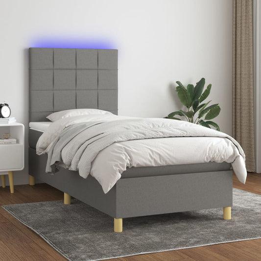 Boxspring met matras en LED stof donkergrijs 90x190 cm Bedden & bedframes | Creëer jouw Trendy Thuis | Gratis bezorgd & Retour | Trendy.nl