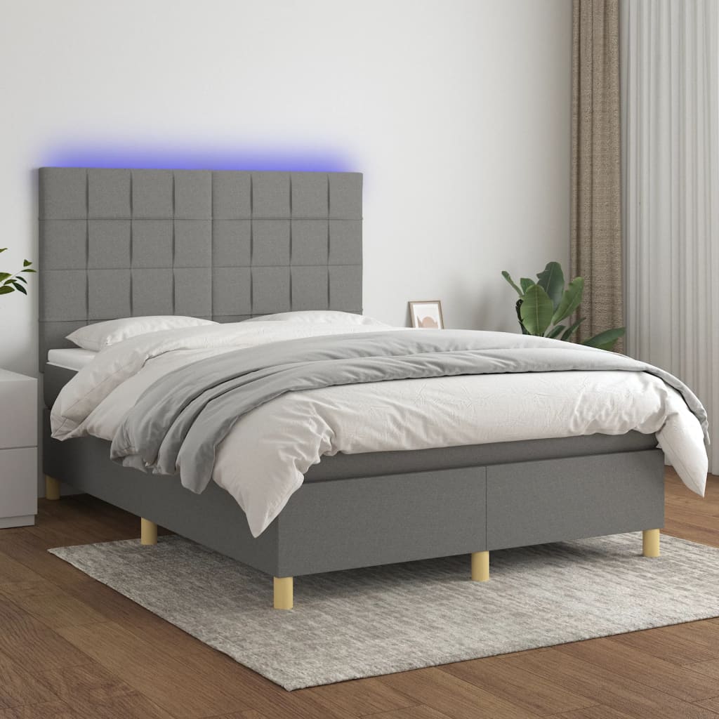 Boxspring met matras en LED stof donkergrijs 140x190 cm Bedden & bedframes | Creëer jouw Trendy Thuis | Gratis bezorgd & Retour | Trendy.nl