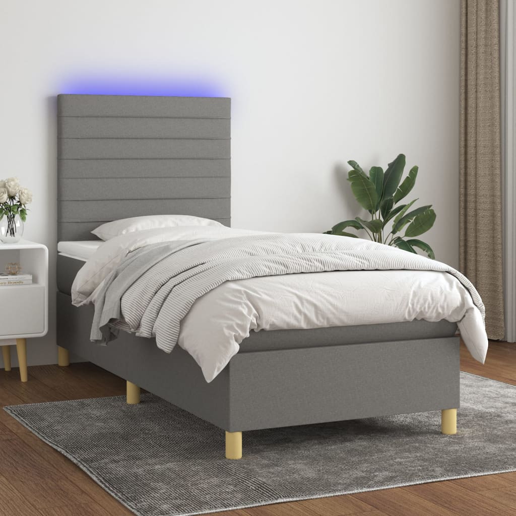 Boxspring met matras en LED stof donkergrijs 90x190 cm Bedden & bedframes | Creëer jouw Trendy Thuis | Gratis bezorgd & Retour | Trendy.nl