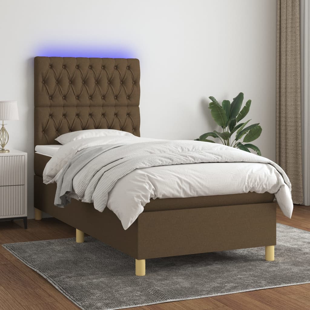 Boxspring met matras en LED stof donkerbruin 90x190 cm Bedden & bedframes | Creëer jouw Trendy Thuis | Gratis bezorgd & Retour | Trendy.nl