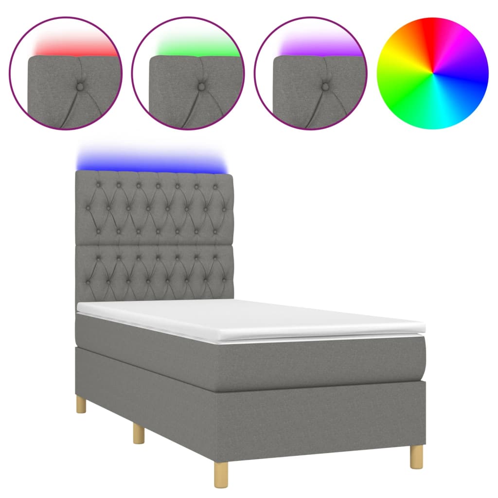 Boxspring met matras en LED stof donkergrijs 90x200 cm Bedden & bedframes | Creëer jouw Trendy Thuis | Gratis bezorgd & Retour | Trendy.nl