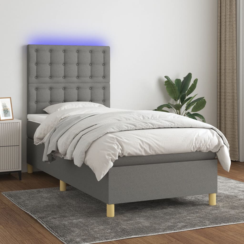 Boxspring met matras en LED stof donkergrijs 90x190 cm Bedden & bedframes | Creëer jouw Trendy Thuis | Gratis bezorgd & Retour | Trendy.nl