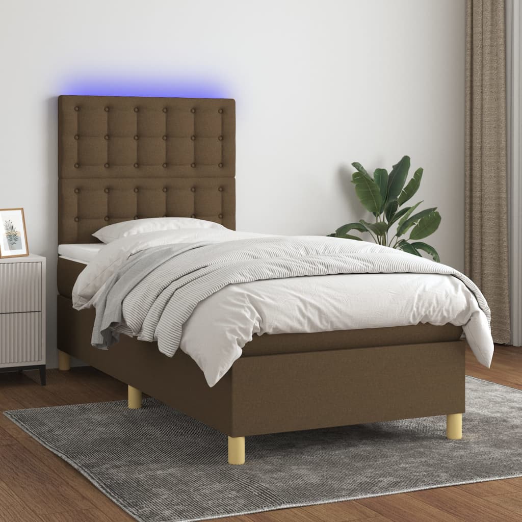 Boxspring met matras en LED stof donkerbruin 90x190 cm Bedden & bedframes | Creëer jouw Trendy Thuis | Gratis bezorgd & Retour | Trendy.nl