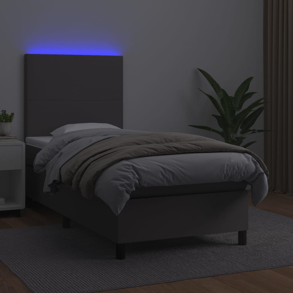 Boxspring met matras en LED kunstleer grijs 90x190 cm Bedden & bedframes | Creëer jouw Trendy Thuis | Gratis bezorgd & Retour | Trendy.nl