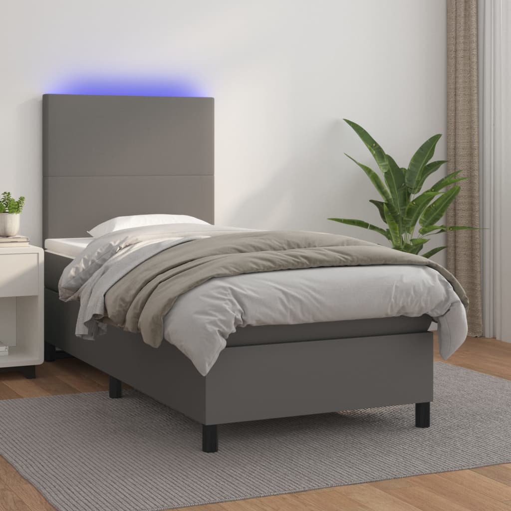 Boxspring met matras en LED kunstleer grijs 90x190 cm Bedden & bedframes | Creëer jouw Trendy Thuis | Gratis bezorgd & Retour | Trendy.nl