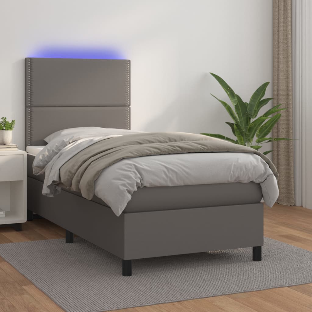 Boxspring met matras en LED kunstleer grijs 90x190 cm Bedden & bedframes | Creëer jouw Trendy Thuis | Gratis bezorgd & Retour | Trendy.nl