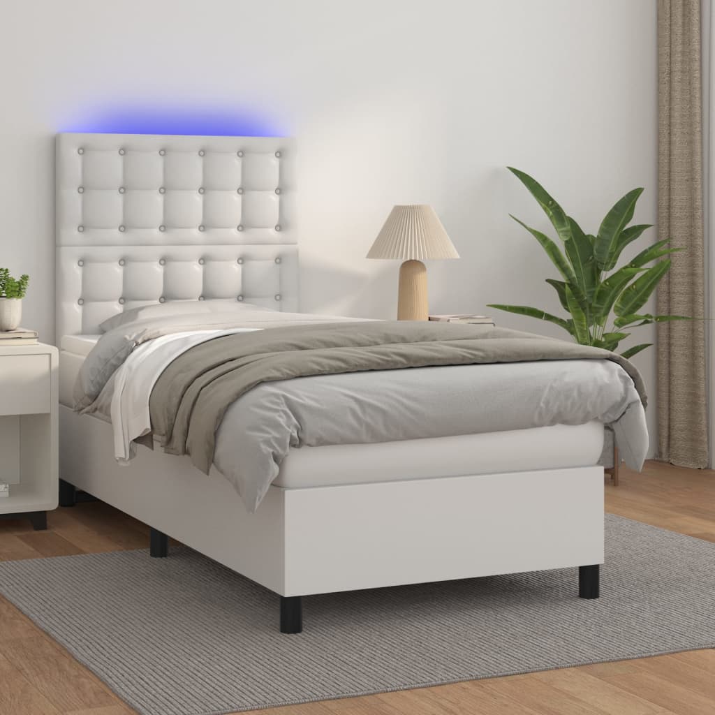 Boxspring met matras en LED kunstleer wit 90x190 cm Bedden & bedframes | Creëer jouw Trendy Thuis | Gratis bezorgd & Retour | Trendy.nl