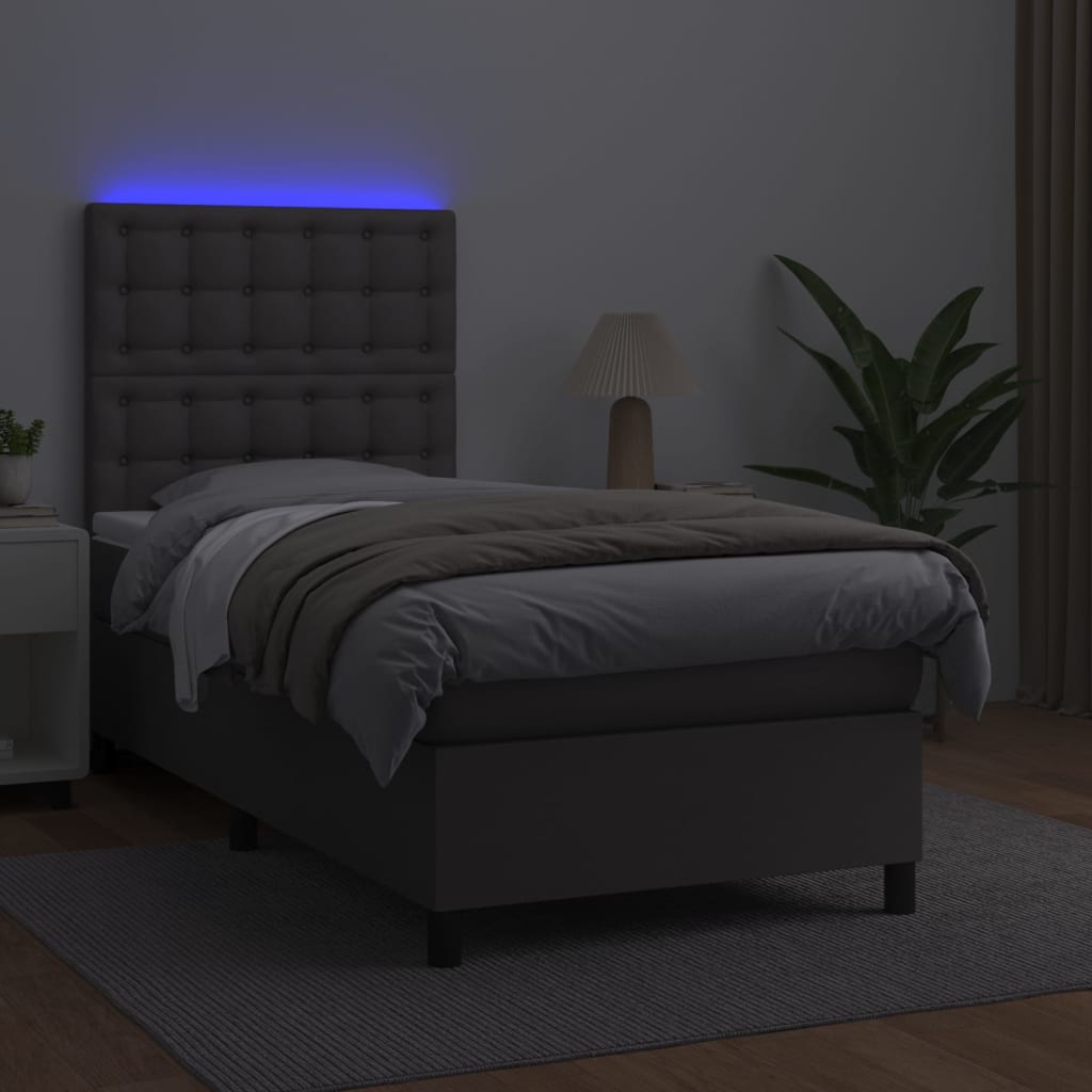 Boxspring met matras en LED kunstleer grijs 90x190 cm Bedden & bedframes | Creëer jouw Trendy Thuis | Gratis bezorgd & Retour | Trendy.nl