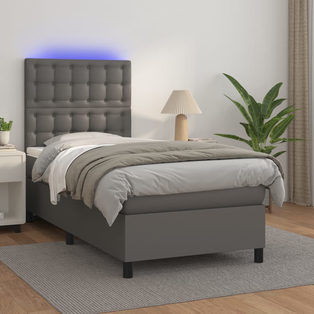 Boxspring met matras en LED kunstleer grijs 90x190 cm Bedden & bedframes | Creëer jouw Trendy Thuis | Gratis bezorgd & Retour | Trendy.nl