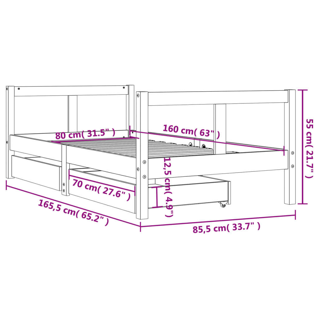 Kinderbedframe met lades 80x160 cm massief grenenhout wit