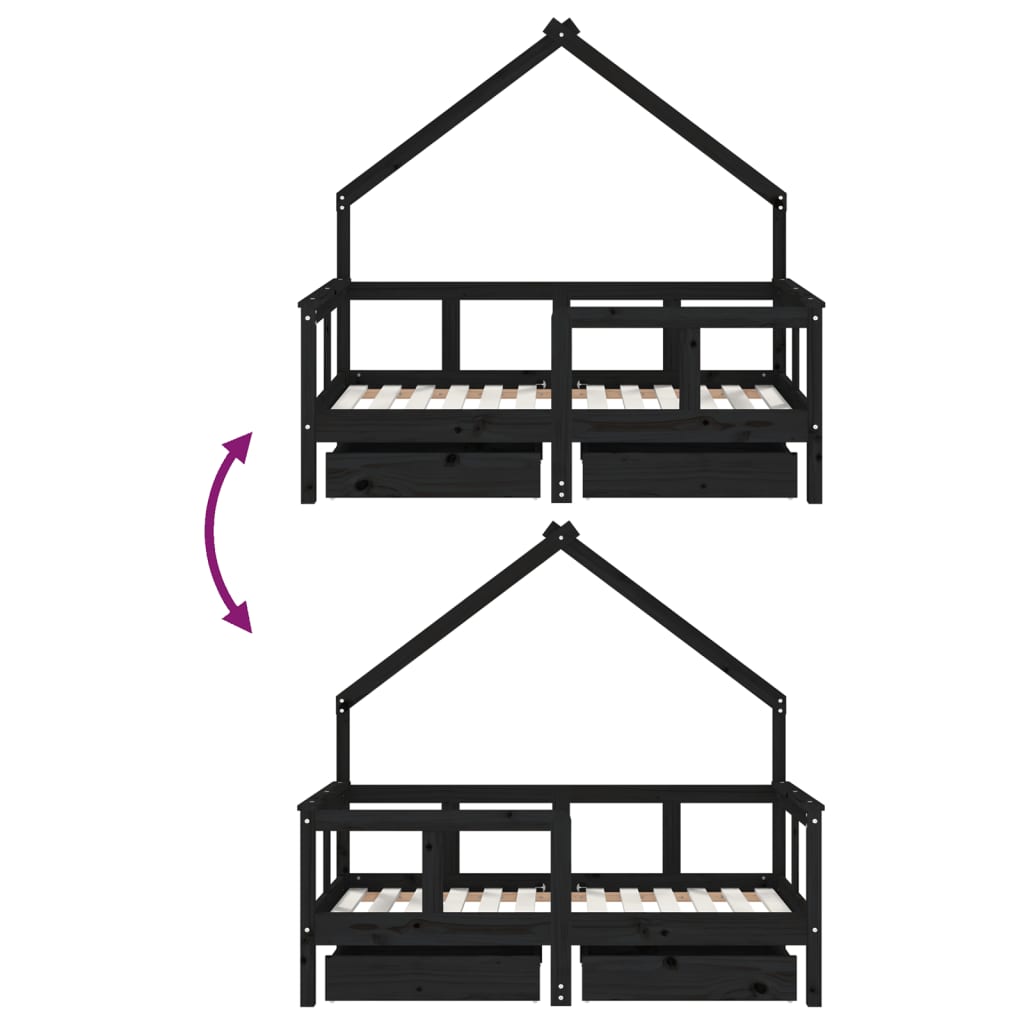 Kinderbedframe met lades 70x140 cm massief grenenhout zwart