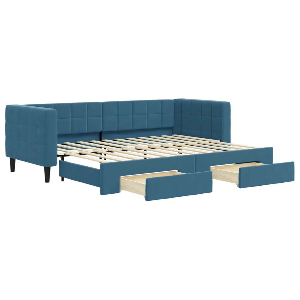 Slaapbank met onderschuifbed en lades 80x200 cm fluweel blauw