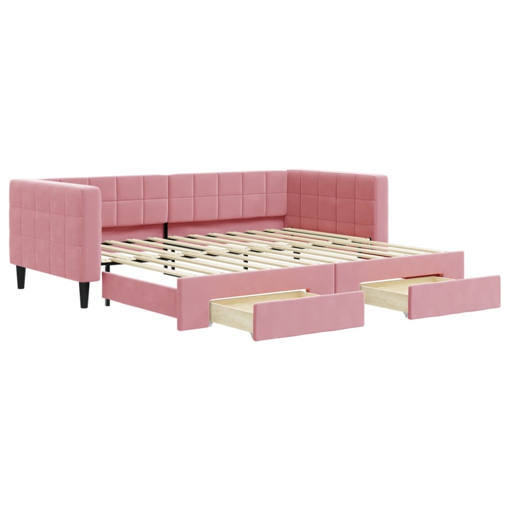 Slaapbank met onderschuifbed en lades 90x200 cm fluweel roze