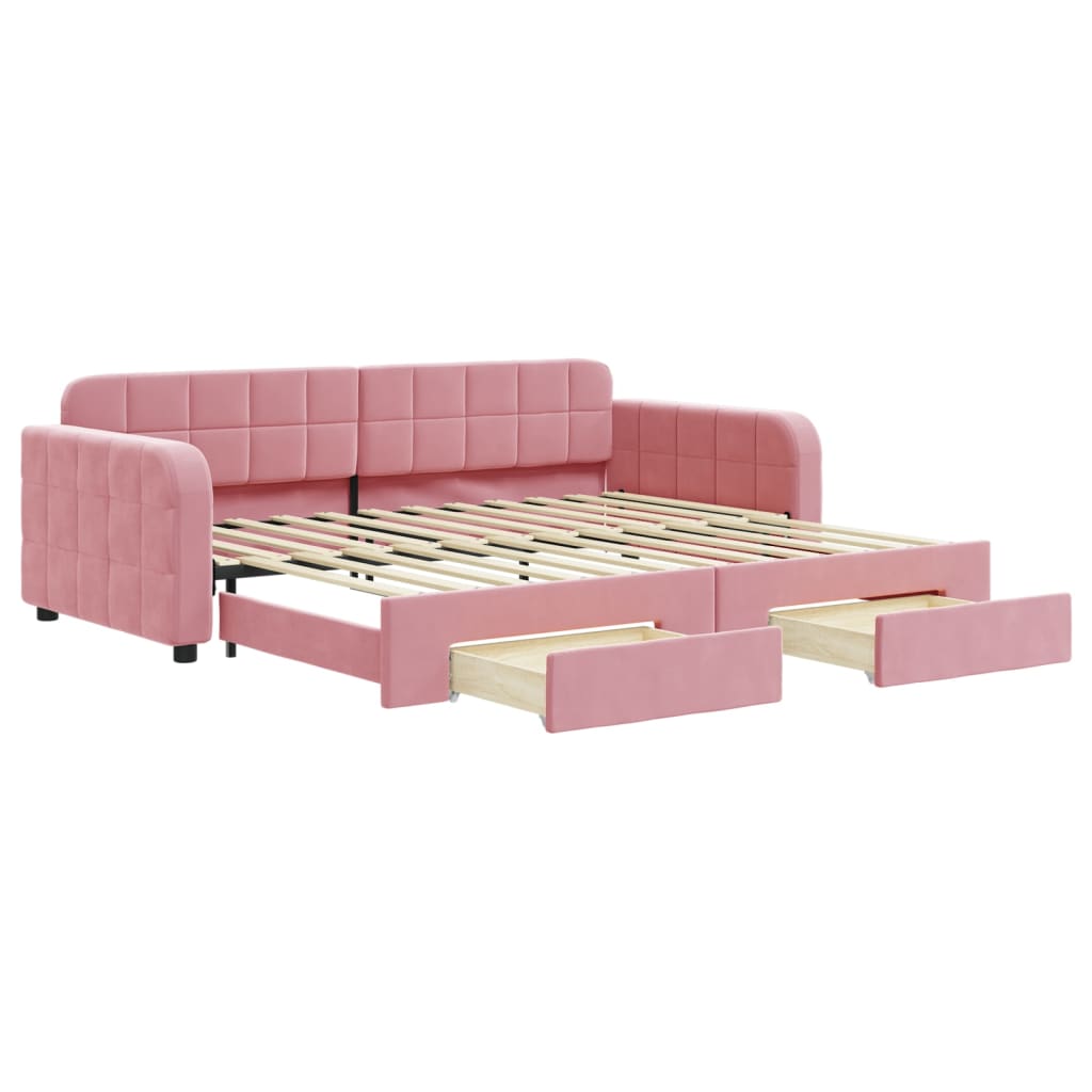 Slaapbank met onderschuifbed en lades 90x200 cm fluweel roze