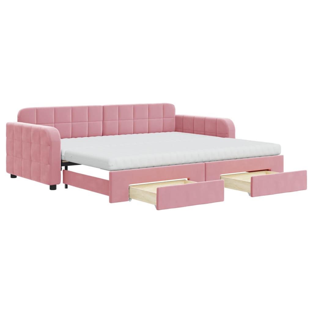 Slaapbank met onderschuifbed en lades 90x200 cm fluweel roze