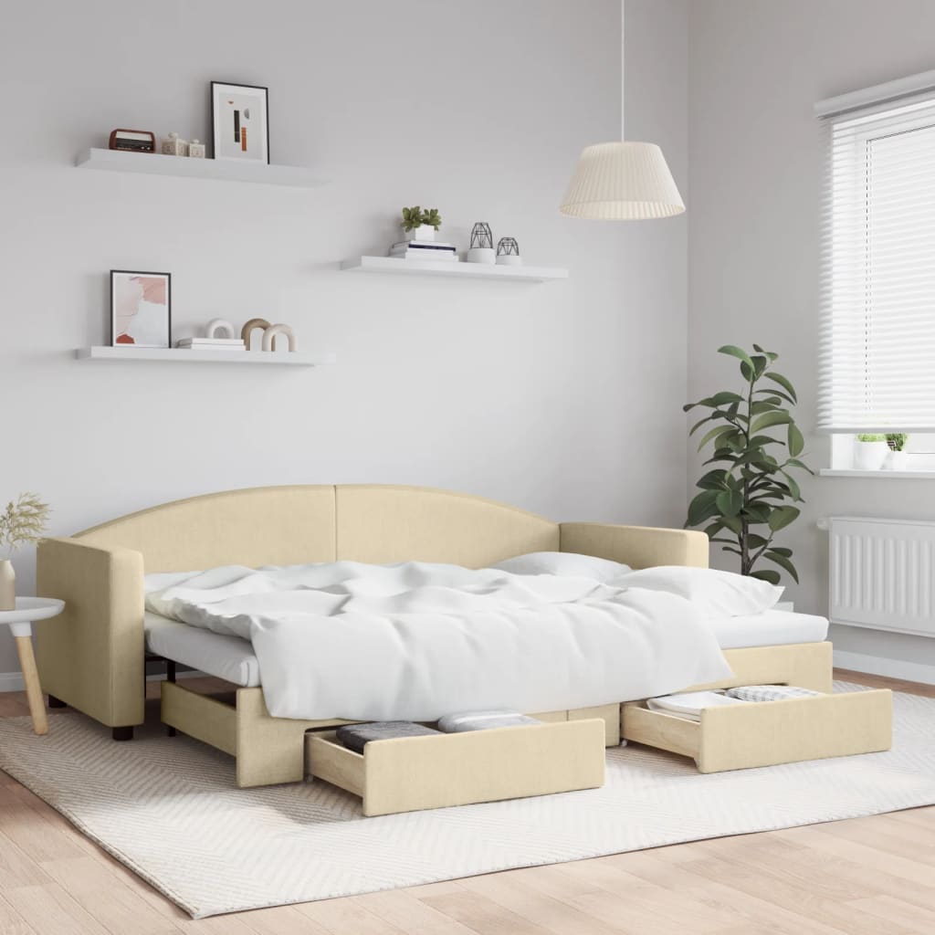 Slaapbank met onderschuifbed en lades 80x200 cm stof crèmekleur Bedden & bedframes | Creëer jouw Trendy Thuis | Gratis bezorgd & Retour | Trendy.nl