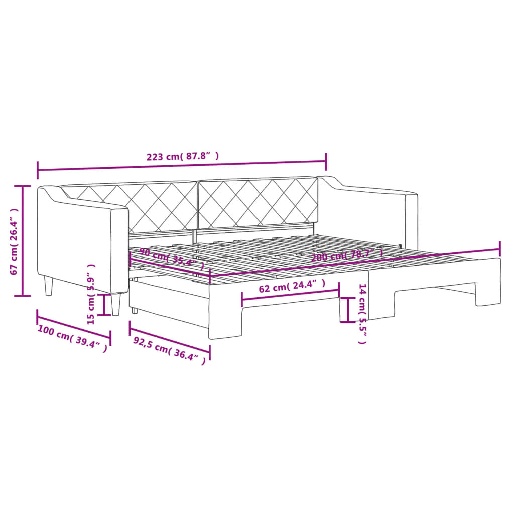 Slaapbank met onderschuifbed 90x200 cm stof donkergrijs