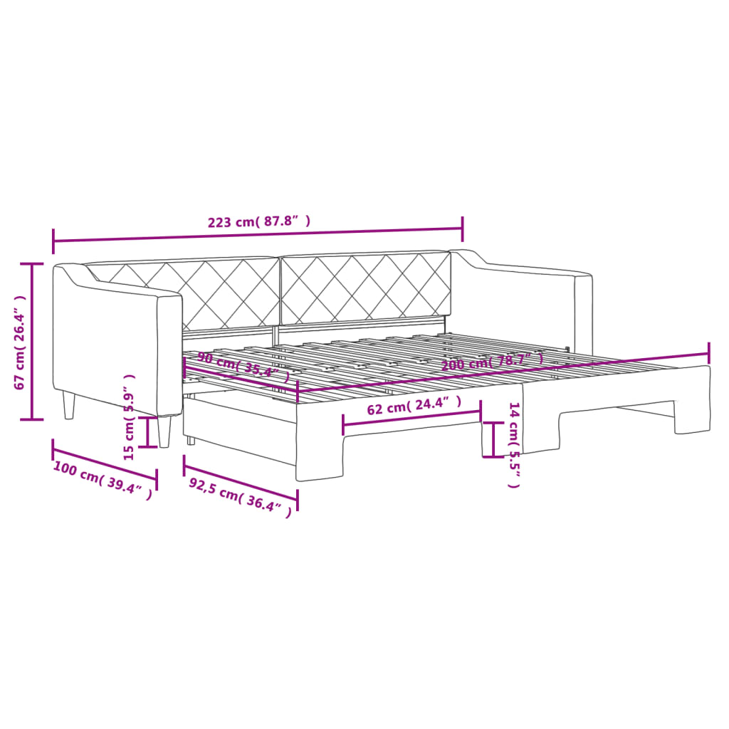 Slaapbank met onderschuifbed 90x200 cm stof zwart