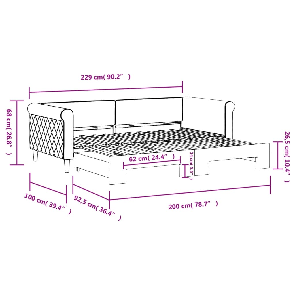 Slaapbank met onderschuifbed 90x200 cm fluweel blauw