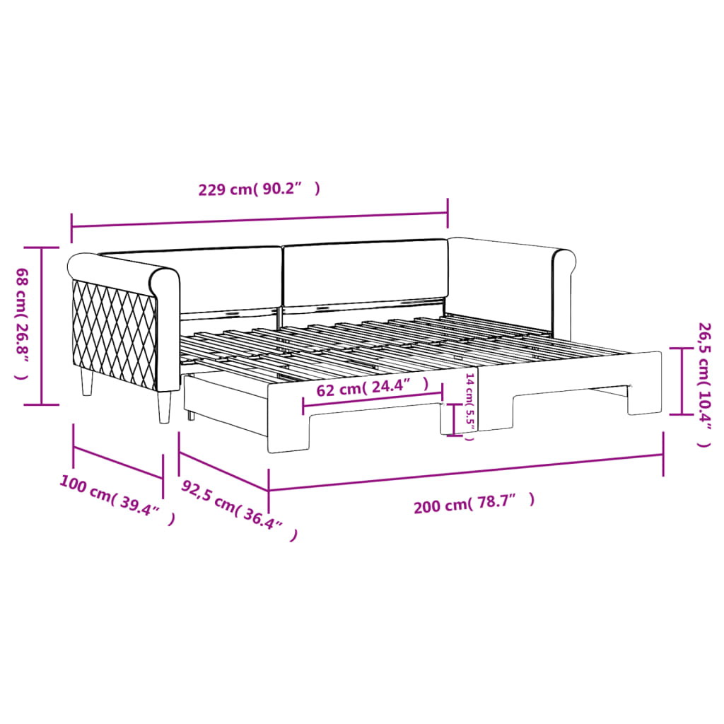 Slaapbank met onderschuifbed 90x200 cm fluweel donkergrijs