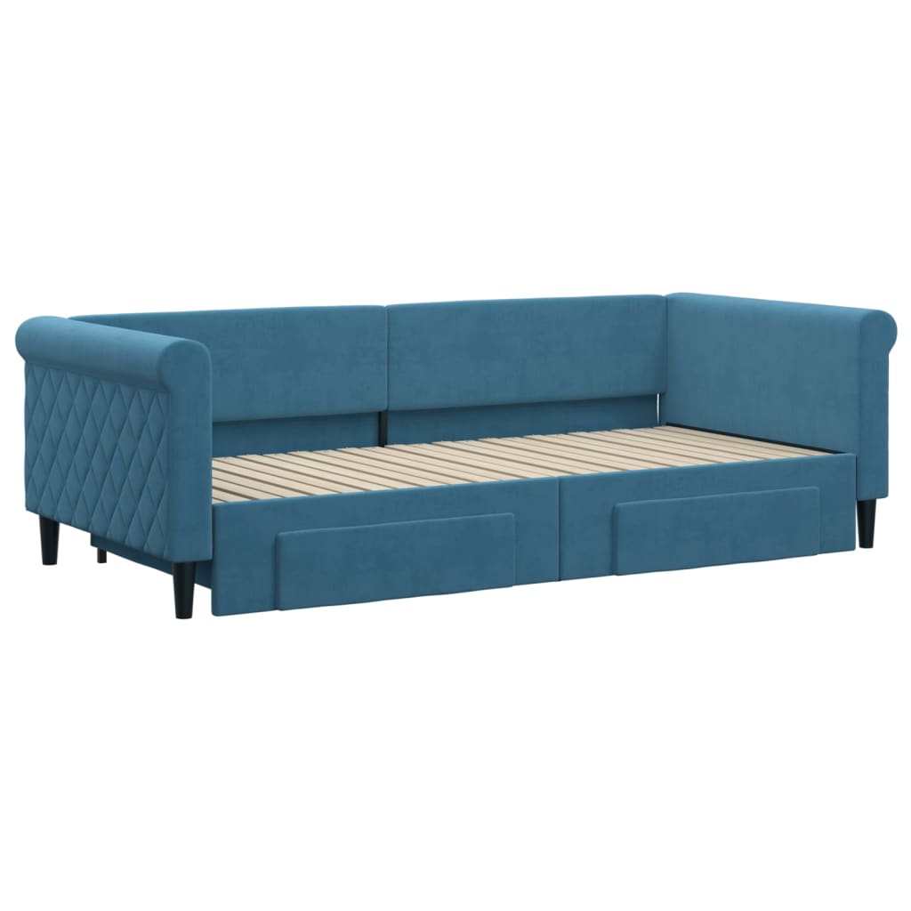 Slaapbank met onderschuifbed en lades 90x200 cm fluweel blauw