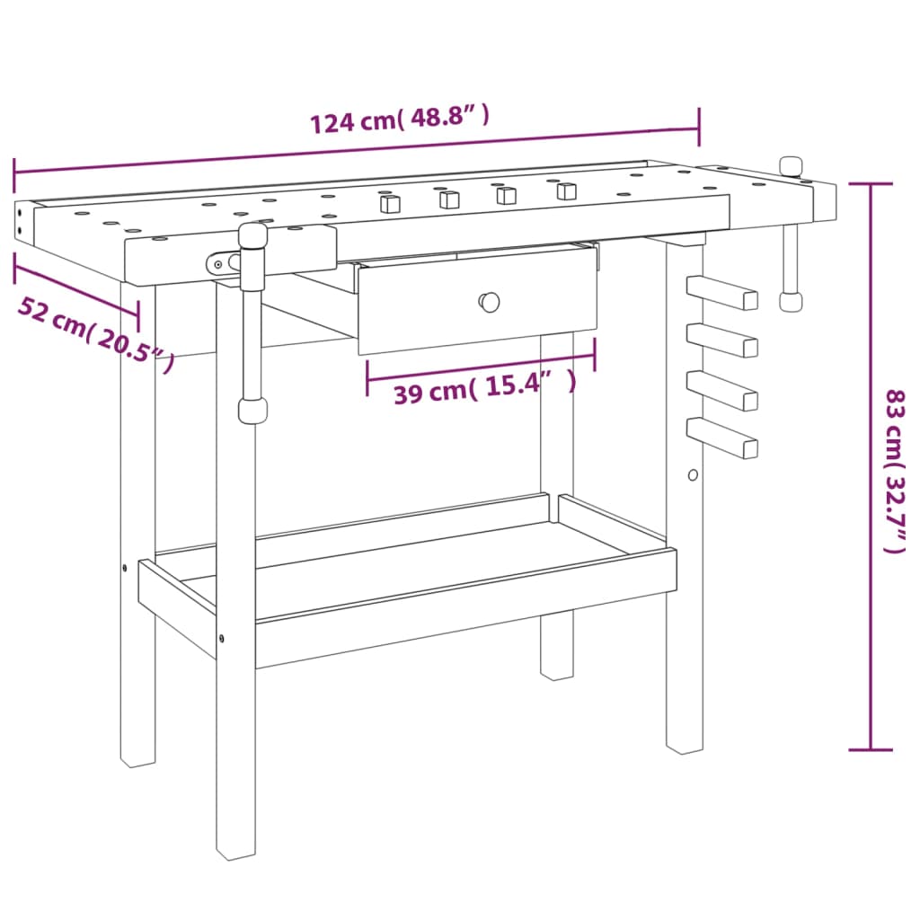 Werkbank met lade en bankschroeven 124x52x83 cm acaciahout