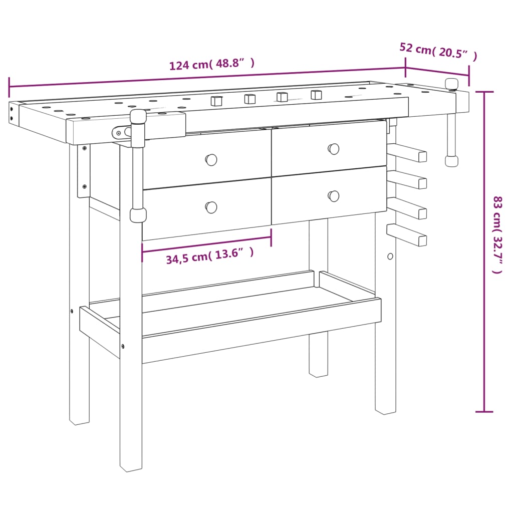 Werkbank met lades en bankschroeven 124x52x83 cm acaciahout