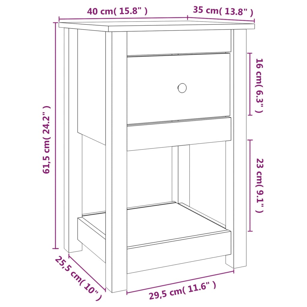 Nachtkastje 40x35x61,5 cm massief grenenhout wit