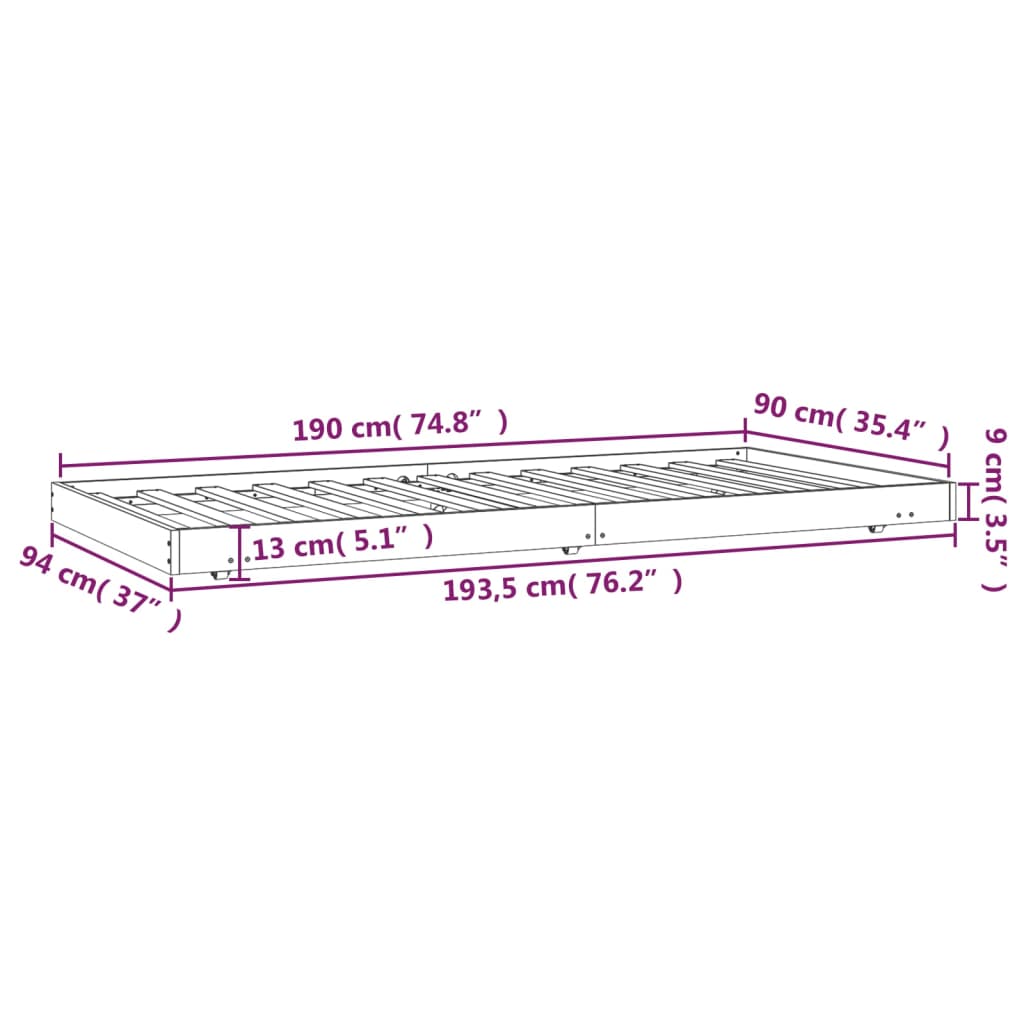 Bedframe zonder matras massief grenenhout wit 90x190 cm