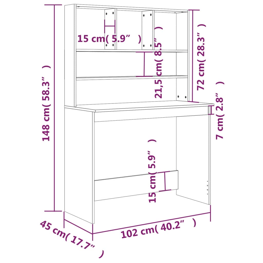 Bureau met schappen 102x45x148 cm bewerkt hout grijs sonoma