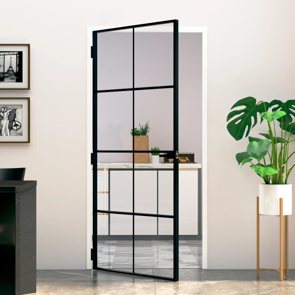 Binnendeur 93x201,5 cm gehard glas en aluminium smal zwart Voordeuren | Creëer jouw Trendy Thuis | Gratis bezorgd & Retour | Trendy.nl