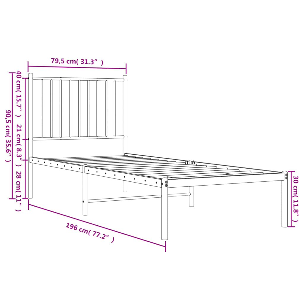 Bedframe met hoofdbord metaal zwart 75x190 cm