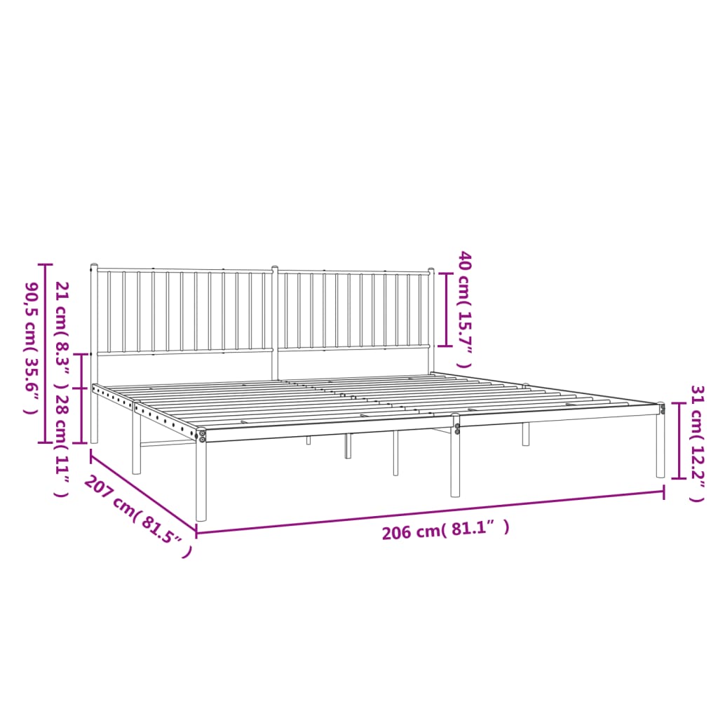 Bedframe met hoofdbord metaal zwart 200x200 cm