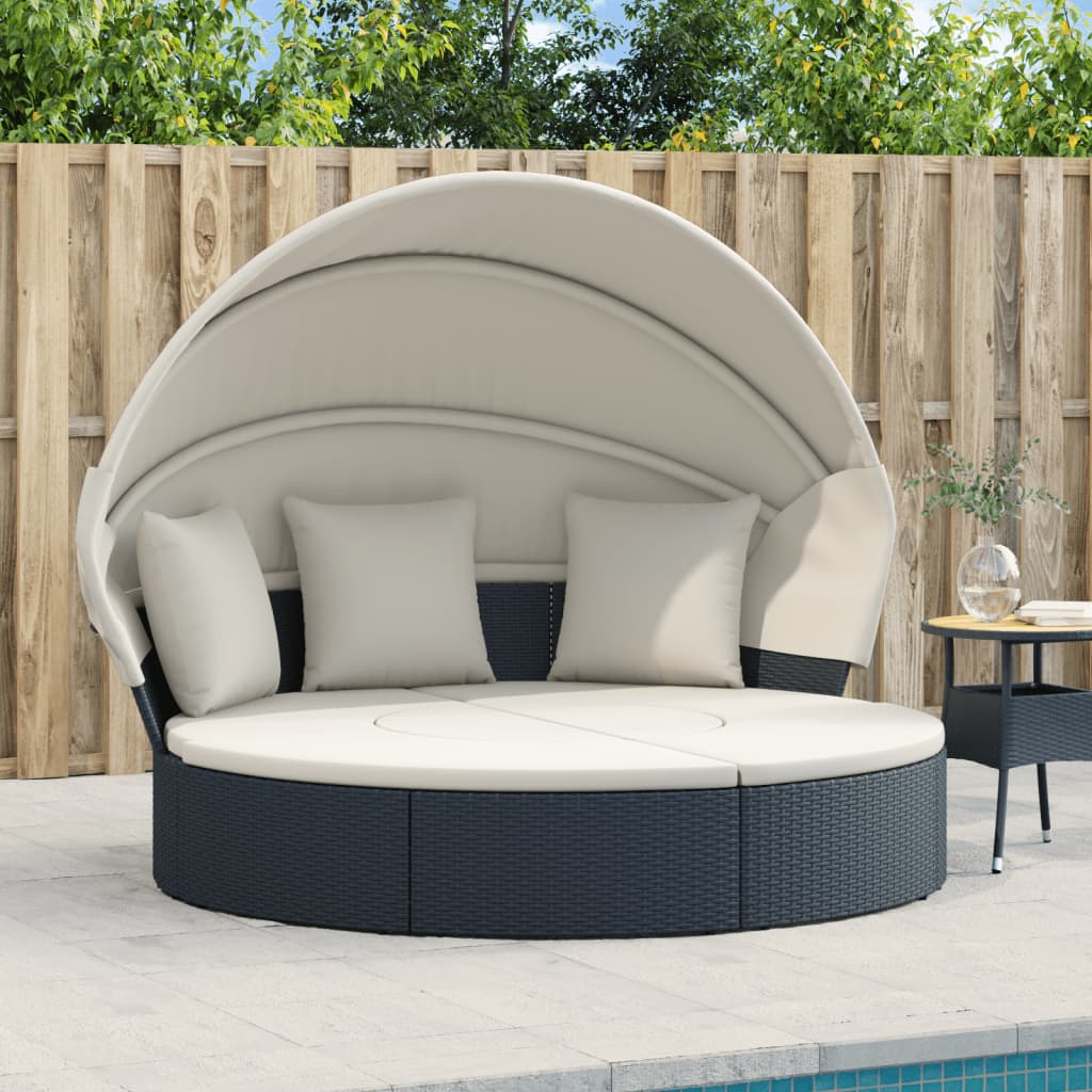 Loungebed met luifel en kussens poly rattan zwart Tuinbedden | Creëer jouw Trendy Thuis | Gratis bezorgd & Retour | Trendy.nl